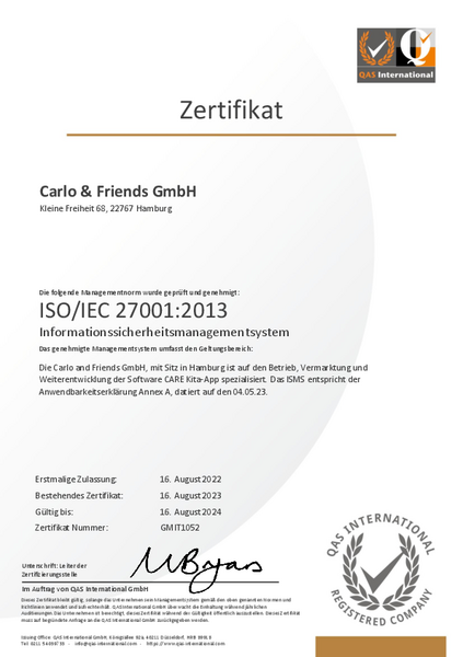 ISO 27001:2013 Zertifikat der CARE Kita-App Entwickler